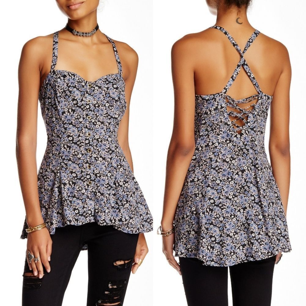 New! FREE PEOPLE Floral Print Back Lace-up Prairie Babydoll Top Fit-n-Flare